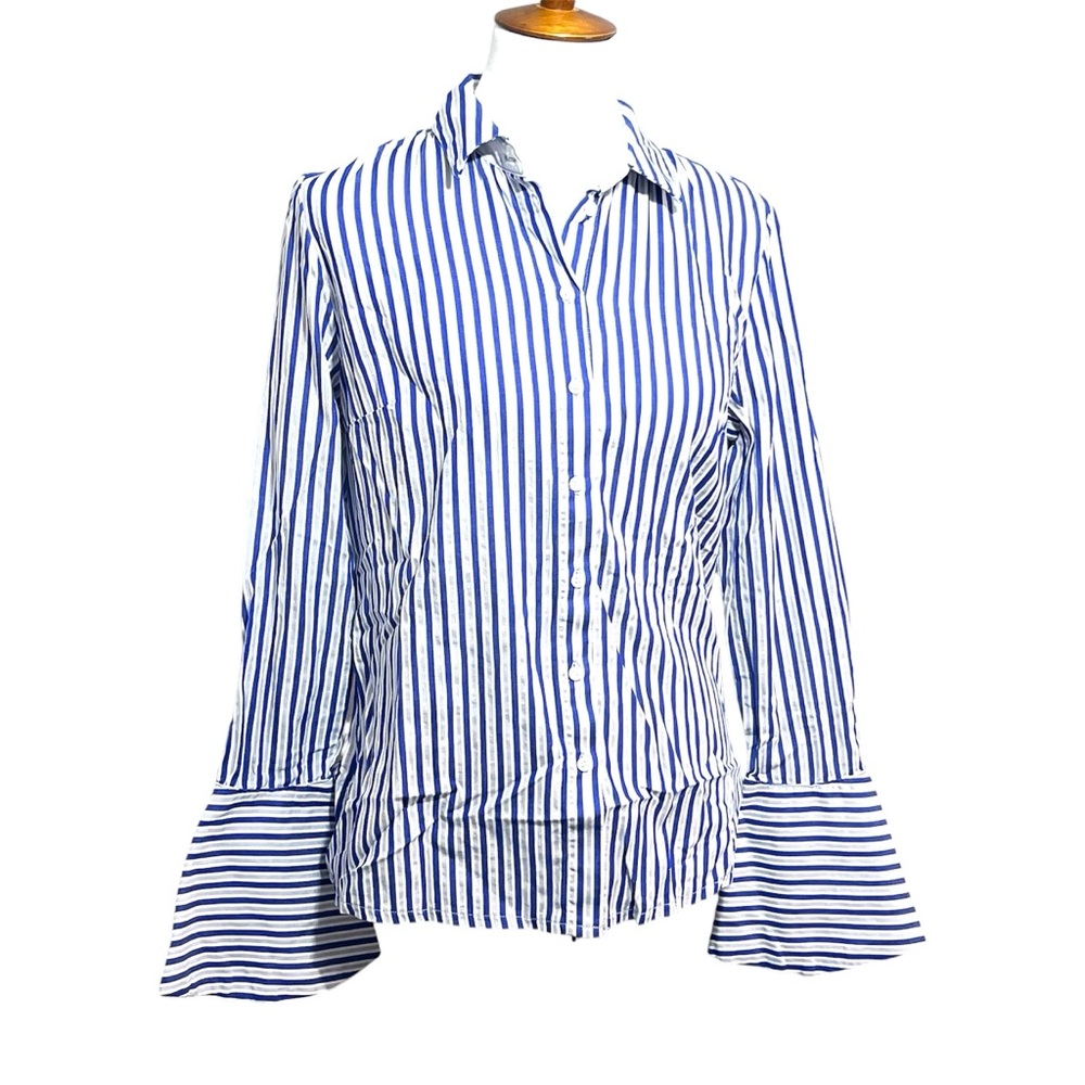 KUT from the Kloth Blue Striped Button Down Shirt Bell Sleeve Blouse Size S Boho